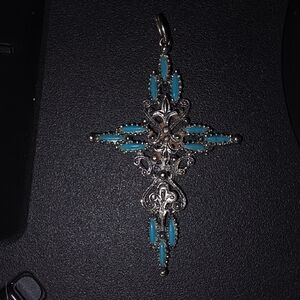 Silver and Turquoise Cross Pendant ROMA inscription on back